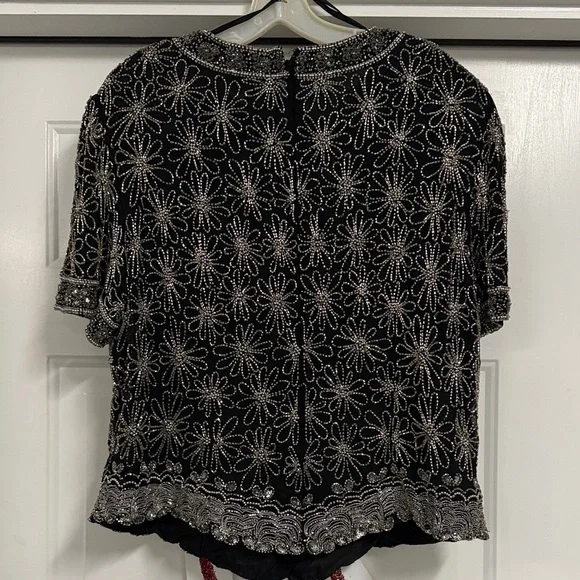Papell Boutique Black and Silver Floral Beaded Blouse - Picture 3 of 3